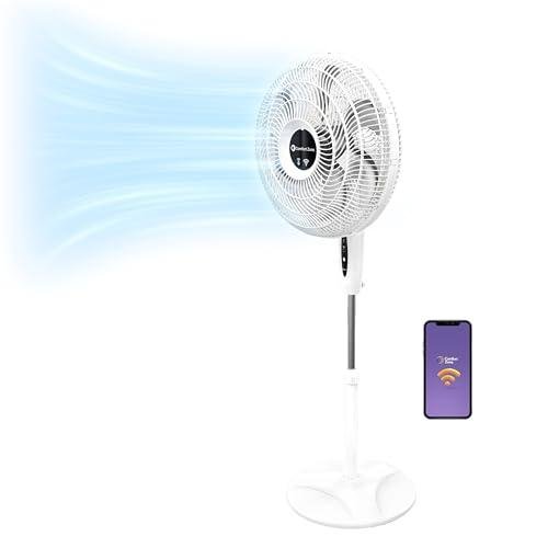 Comfort Zone CZST180SWS Smart WiFi Oscillating Stand Fan, 18 inch, 3 Speed, Wall-Mountable, Voice Control, Full-Function Timer, Adjustable Stand up to 53 inches, Tri-Curve Technology to Reduce Noise