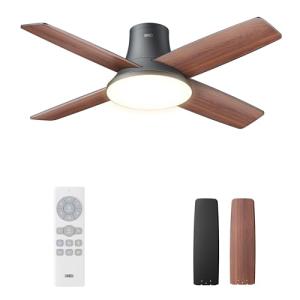 Dreo CLF513 Ceiling Fans with Lights, 44'' Low Profile Black Ceiling Fan with Remote Control for Bedroom, 6-Level Dimmable Lighting & 5-Color Tone, 6 Speeds, Reversible DC Motor, Easy Installation, Timer