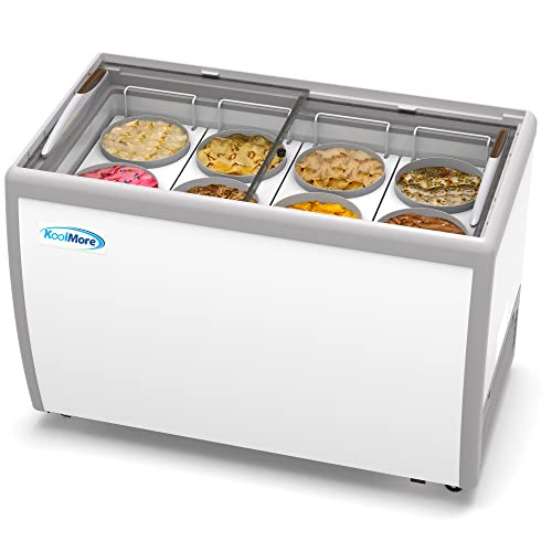 Koolmore KM-ICD-49SD 49 inch Commercial Ice Cream Dipping Cabinet Display Case, 8 Large Displayed Tubs, 6 Storing Tube, Sliding Glass Door, Rolling Wheels and Lockable Breaks [13 Cu. Ft.]  White