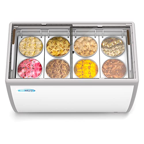 Koolmore KM-ICD-49SD 49 inch Commercial Ice Cream Dipping Cabinet Display Case, 8 Large Displayed Tubs, 6 Storing Tube, Sliding Glass Door, Rolling Wheels and Lockable Breaks [13 Cu. Ft.]  White