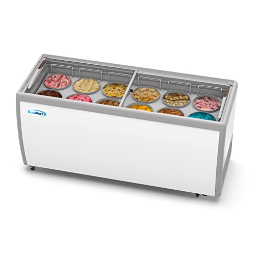 Koolmore KM-ICD-71SD 70 inch Commercial Ice Cream Dipping Cabinet Display Case, 12 Large Displayed Tubs, 10 Storing Tube, Sliding Glass Door, Rolling Wheels and Lockable Breaks [20 Cu. Ft.]  White