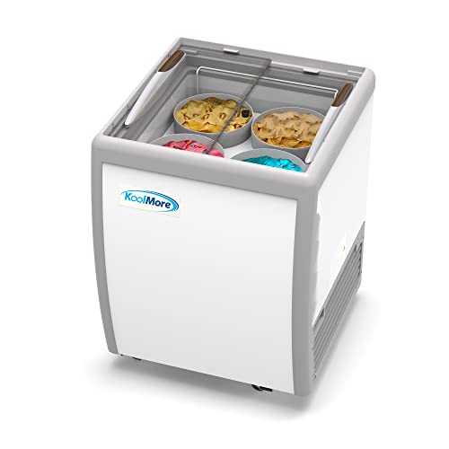Koolmore KM-ICD-26SD 26 inch Commercial Ice Cream Dipping Cabinet Display Case, 4 Large Displayed Tubs, 2 Storing Tube, Sliding Glass Door, Rolling Wheels and Lockable Breaks [5.7 Cu. Ft.] White