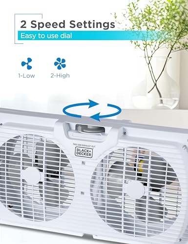 BLACK+DECKER BFW9M 9" Dual Window Fan for Window Screen with 2 Speed Settings, Twin Window Fan with Mechanical Controls and Removable Legs, Horizontal Cooling Fan for Window