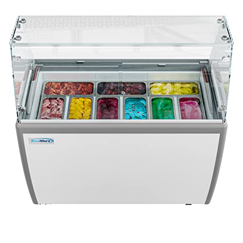 KoolMore KM-GDC-49SD-FG Commercial Gelato Dipping Cabinet with Protective Sneeze Guard, Clear Display Case with a Large 9-Pan Capacity, Rolling Wheels and Lockable Breaks
