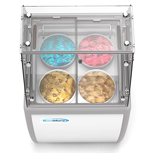 Koolmore KM-26FG 26 inch Commercial Ice Cream Dipping Cabinet Display Case with Sneeze Guard, 4 Large Displayed Tubs, Sliding Glass Door, [5.7 Cu. Ft.] 