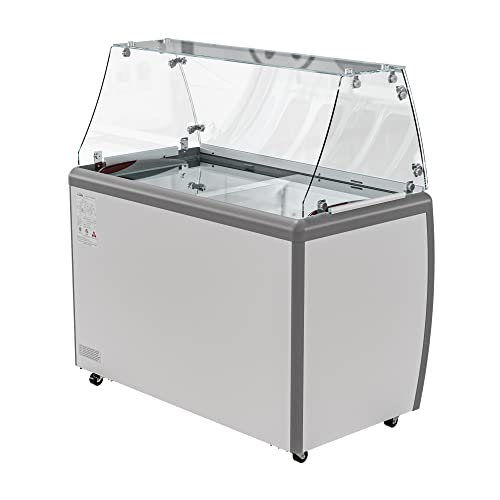 KoolMore KM-GDC-49SD-FG Commercial Gelato Dipping Cabinet with Protective Sneeze Guard, Clear Display Case with a Large 9-Pan Capacity, Rolling Wheels and Lockable Breaks