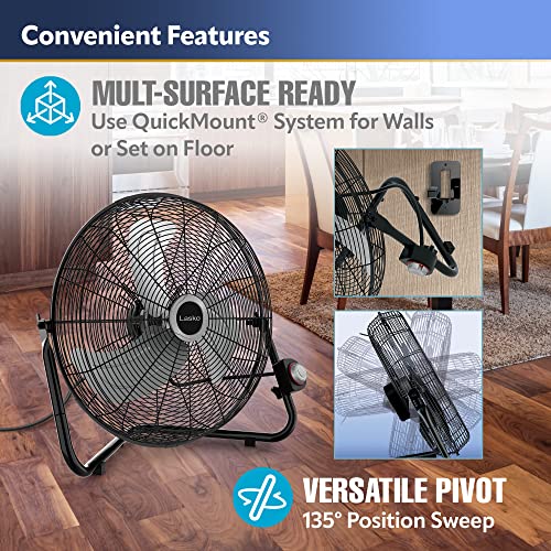 Lasko 2264QM 20", High-Velocity Commercial Grade QuickMount, Converts from Floor Wall Mount Fan Ideal for Garages, Basements, Gyms, 7 x 22 x 22 inches, Black Silver