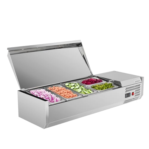 ROVSUN B0CZQDFXQ2 47" Refrigerated Condiment Prep Station Sandwich Prep Table, 25.1QT Salad Bar Prep Rail w/Auto Defrost Temp Control Stainless Steel Cover 3 * 1/3 Pan & 2 * 1/4 Pan for Restaurant Food Truck
