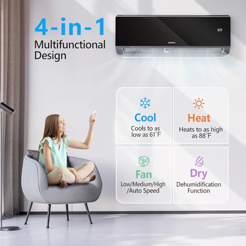 ROVSUN ‎AC-Black-12K-115V 12,000 BTU Mini Split Air Conditioner & Heater, 19 SEER 115V Energy Saving Inverter Ductless Wall AC Unit with Pre-Charged Condenser, Heat Pump & Installation Kit, Black