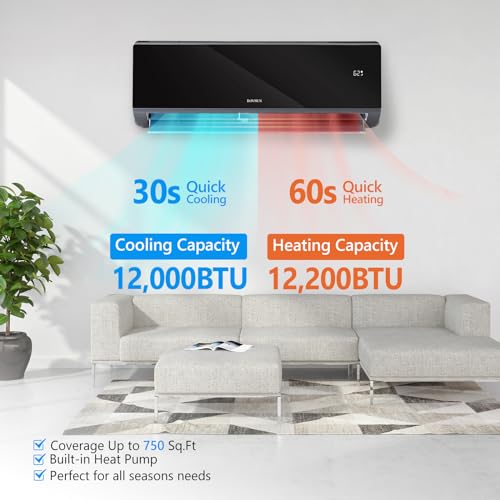 ROVSUN ‎AC-Black-12K-115V 12,000 BTU Mini Split Air Conditioner & Heater, 19 SEER 115V Energy Saving Inverter Ductless Wall AC Unit with Pre-Charged Condenser, Heat Pump & Installation Kit, Black