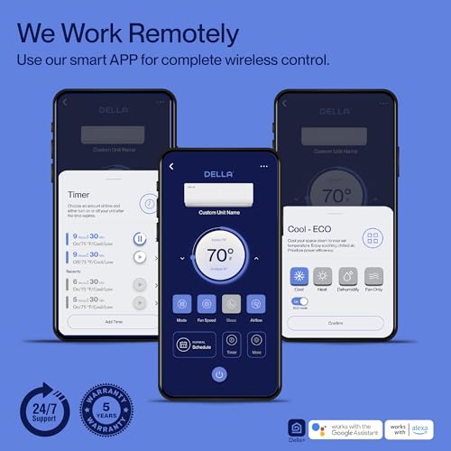 DELLA 048-TL-24K2V-19S-I+O 24000 BTU Wifi Mini Split Air Conditioner Work with Alexa Ductless Inverter System 19 SEER2 Cools Up to 1500 Sq.Ft, Energy Saving, with 2 Ton Heat Pump Pre-Charged and 16.4ft Installation Kits