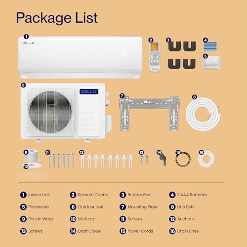 DELLA ‎048-IF-11K2V-17S-I+O_1 11000 BTU Mini Split Air Conditioner 17 SEER2 with Heat Pump, Cools up to 550 Sq.Ft, 230V Wifi Enabled Air Conditioner & Heater Ductless Inverter System Works with Alexa, 16ft Installation Kit