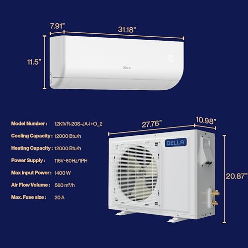 DELLA ‎12K1VR-20S-JA-I+O 12000 BTU Wifi Enabled Mini Split 20 SEER2 Cools Up to 550 Sq.Ft, 110-120V, Works with Alexa, Air Conditioner & Heater with 1 Ton Pre-Charged Heat Pump (R32 Refrigerant) (JA Series)