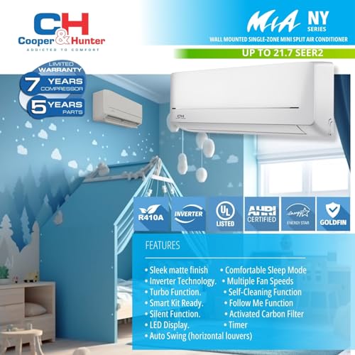 Cooper & Hunter ‎CH-NY18MIA-230VO/I 18,000 BTU, 230V 19 SEER Ductless Mini Split AC/Heating System Pre-Charged Inverter Heat Pump with 16ft Installation Kit