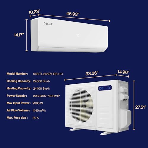 DELLA 048-TL-24K2V-19S-I+O 24000 BTU Wifi Mini Split Air Conditioner Work with Alexa Ductless Inverter System 19 SEER2 Cools Up to 1500 Sq.Ft, Energy Saving, with 2 Ton Heat Pump Pre-Charged and 16.4ft Installation Kits