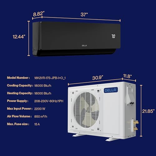 DELLA ‎18K2VR-17S-JPB-I+O 18000 BTU Energy Saving Mini Split Work with Alexa 19 SEER2 Cools Up to 1000 Sq.Ft Wifi Split AC & 1.5 Ton Heat Pump Ductless Pre-Charged Inverter System(JPB Series with R32 refrigerant)