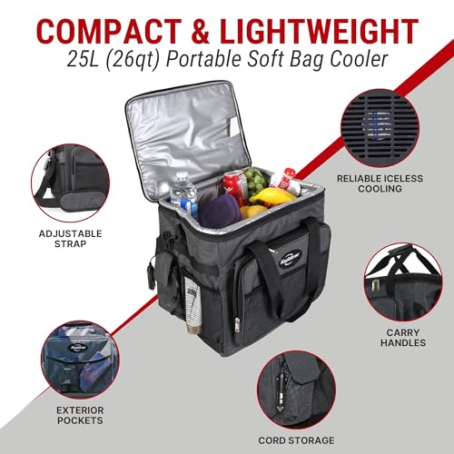 Koolatron Electric Portable Cooler Plug in 12V Car Cooler Bag, 26 qt (25 L) Black/Gray Soft-Sided Portable Car Fridge w/DC Power Cord, Adjustable Shoulder Strap, Cord Storage, Road Trip