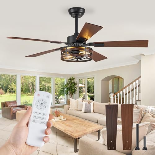 Fanbulous B0D1FYRN6Z Farmhouse Ceiling Fans with Light, 48 Inch Bedroom Ceiling Fan with Lights, 6-Speed Adjustable, Quiet and Reversible DC Motor, 5 Dual Finish Blades, Rustic Caged Ceiling Fan for Living Room