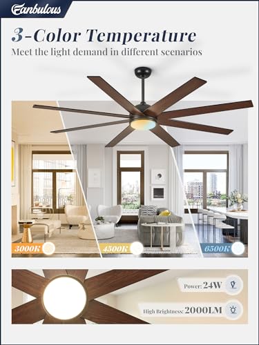 Fanbulous B0CRD9Z5SP 65 Inch Ceiling Fans with Lights and Remote, Black Indoor/Outdoor Ceiling Fan with Quiet Reversible DC Motor, 6 Speeds, 3CCT, 8 Blades Large Ceiling Fan for Living Room Bedroom Patio