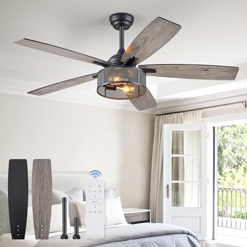 Fanbulous FSDWL01 Farmhouse Ceiling Fans with Lights and Remote, 52 Inch Black Industrial Caged Ceiling Fans for Bedroom Living Room Kitchen, 6 Speed Reversible Quiet DC Motor, Dual Finish 5 Blades