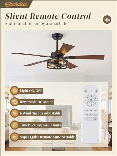 Fanbulous B0D1FYRN6Z Farmhouse Ceiling Fans with Light, 48 Inch Bedroom Ceiling Fan with Lights, 6-Speed Adjustable, Quiet and Reversible DC Motor, 5 Dual Finish Blades, Rustic Caged Ceiling Fan for Living Room