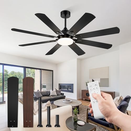 Fanbulous B0CWTSWM6Z 62 Inch Ceiling Fans with Lights, Black Modern Ceiling Fan with Remote,Large Farmhouse Indoor & Outdoor Ceiling Fan with 8 Dual Finish Blades, Quiet DC Motor, Bright LED Light