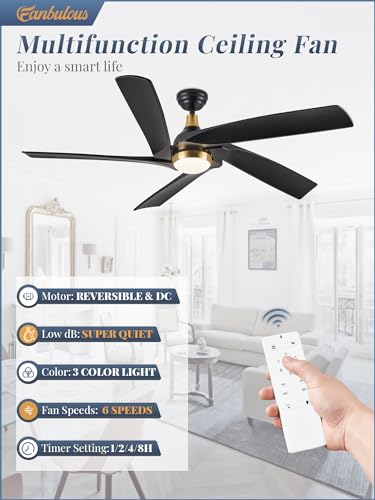 Fanbulous 60 Inch Ceiling Fans with Lights and Remote,5 Blades Modern Large Ceiling Fan with 3CCT,6 Speed Reversible Quiet DC Motor,Black Indoor/Outdoor Ceiling Fan for Living Room,Bedroom,Patio