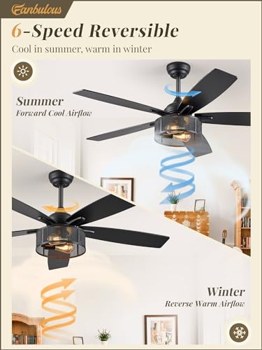 Fanbulous FSDWL01 Farmhouse Ceiling Fans with Lights and Remote, 52 Inch Black Industrial Caged Ceiling Fans for Bedroom Living Room Kitchen, 6 Speed Reversible Quiet DC Motor, Dual Finish 5 Blades
