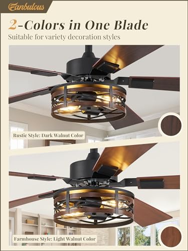 Fanbulous B0D1FYRN6Z Farmhouse Ceiling Fans with Light, 48 Inch Bedroom Ceiling Fan with Lights, 6-Speed Adjustable, Quiet and Reversible DC Motor, 5 Dual Finish Blades, Rustic Caged Ceiling Fan for Living Room