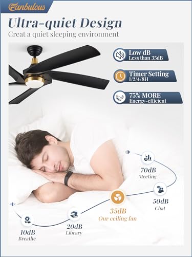 Fanbulous 60 Inch Ceiling Fans with Lights and Remote,5 Blades Modern Large Ceiling Fan with 3CCT,6 Speed Reversible Quiet DC Motor,Black Indoor/Outdoor Ceiling Fan for Living Room,Bedroom,Patio