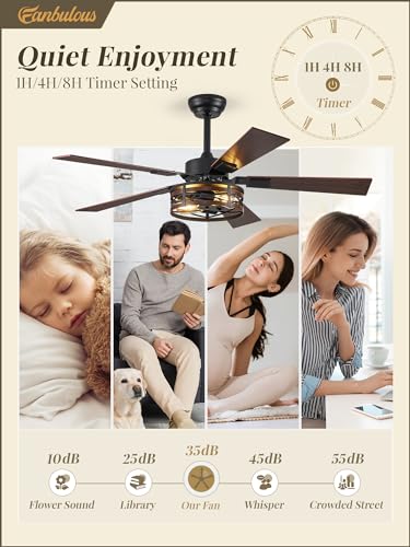 Fanbulous B0D1FYRN6Z Farmhouse Ceiling Fans with Light, 48 Inch Bedroom Ceiling Fan with Lights, 6-Speed Adjustable, Quiet and Reversible DC Motor, 5 Dual Finish Blades, Rustic Caged Ceiling Fan for Living Room