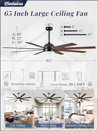 Fanbulous B0CRD9Z5SP 65 Inch Ceiling Fans with Lights and Remote, Black Indoor/Outdoor Ceiling Fan with Quiet Reversible DC Motor, 6 Speeds, 3CCT, 8 Blades Large Ceiling Fan for Living Room Bedroom Patio