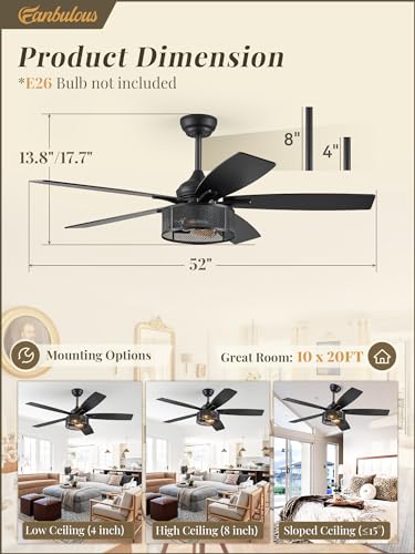 Fanbulous FSDWL01 Farmhouse Ceiling Fans with Lights and Remote, 52 Inch Black Industrial Caged Ceiling Fans for Bedroom Living Room Kitchen, 6 Speed Reversible Quiet DC Motor, Dual Finish 5 Blades