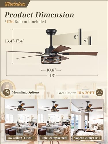 Fanbulous B0D1FYRN6Z Farmhouse Ceiling Fans with Light, 48 Inch Bedroom Ceiling Fan with Lights, 6-Speed Adjustable, Quiet and Reversible DC Motor, 5 Dual Finish Blades, Rustic Caged Ceiling Fan for Living Room