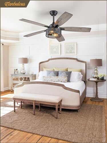 Fanbulous FSDWL01 Farmhouse Ceiling Fans with Lights and Remote, 52 Inch Black Industrial Caged Ceiling Fans for Bedroom Living Room Kitchen, 6 Speed Reversible Quiet DC Motor, Dual Finish 5 Blades