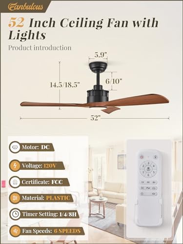 Fanbulous DMCF-01 52" Ceiling Fans with Lights and Remote Control, Flush Mount Ceiling Fan with 3 LED Colors,Outdoor Ceiling Fans with 2 Downrods 6-Speeds Reversible DC Motor for Patio Bedroom Living Room