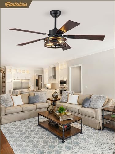 Fanbulous B0D1FYRN6Z Farmhouse Ceiling Fans with Light, 48 Inch Bedroom Ceiling Fan with Lights, 6-Speed Adjustable, Quiet and Reversible DC Motor, 5 Dual Finish Blades, Rustic Caged Ceiling Fan for Living Room