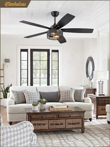 Fanbulous FSDWL01 Farmhouse Ceiling Fans with Lights and Remote, 52 Inch Black Industrial Caged Ceiling Fans for Bedroom Living Room Kitchen, 6 Speed Reversible Quiet DC Motor, Dual Finish 5 Blades