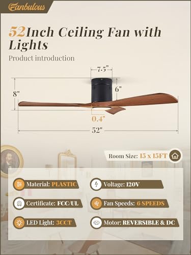 Fanbulous CF-2801 52" Ceiling Fans with Lights and Remote Control,Modern Flush Mount Ceiling Fan with 3 LED Colors,Outdoor Low Profile Ceiling Fans with 6-Speeds Timer DC Motor for Bedroom Living Room Patio