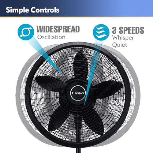 Lasko 1827 Oscillating Pedestal Fan, Adjustable Height, 3 Speeds, for Bedroom, Living Room, Home Office and College Dorm Room, 18", Black