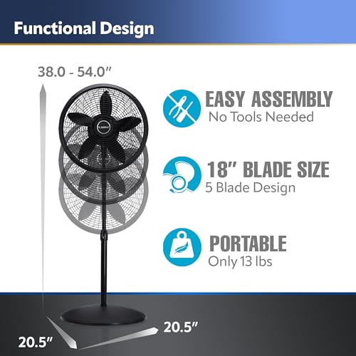 Lasko 1827 Oscillating Pedestal Fan, Adjustable Height, 3 Speeds, for Bedroom, Living Room, Home Office and College Dorm Room, 18", Black
