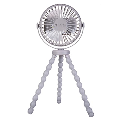 Comfort Zone MTD08-GRY Flexible Tri-Pod Stroller Fan, Rechargeable, Mini, Portable, 4 inch, 3 Speed, 2-3 Hour Charge Time, Secure Hold, Ideal for Strollers, Cribs, Car Seats, or Children’s Room