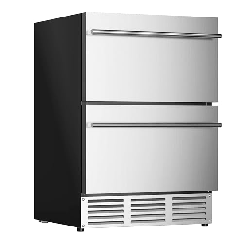 EUHOMY ‎RU-DD05 24 Inch Under Counter Double Drawer Fridge, Weather Proof Stainless Steel Outdoor Beverage Refrigerator for Patio, Built-in Beverage Fridge for Home & Commercial Use Stainless Steel Silver, 4.9 Cu Ft