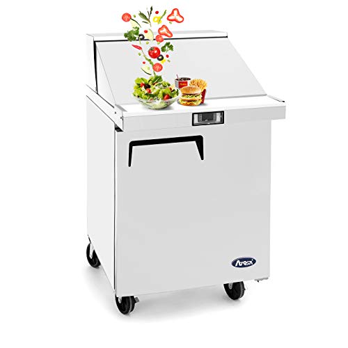 Atosa MSF8301GR 27" Sandwich & Salad Prep Table Refrigerator for Restaurant Hotel Deli Cafeteria | 1-Door 1-Shelf, 10" Cutting Board, 8 (1/6 Size) Pans, 7.2 Cu Ft Capacity | Stainless Steel, 115v