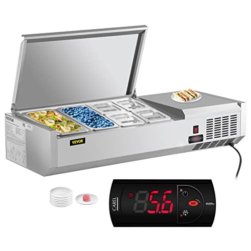 VEVOR AB0118w Refrigerated Condiment Prep Station, 48-Inch, 10.8Qt Sandwich/Salad Prep Table with 2 1/3 Pans & 4 1/6 Pans, 150W Salad Bar with 304 Stainless Body and Cover Temp Adjuster One-Click Defrosting