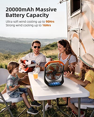 Koonie F681 8in 20000mAh Camping Fan with Timer, LED Lantern and Hook, 90hrs Rechargeable Battery USB Fan with 4 Speeds, 350°Head Rotation, Desk Table Fan for Bedroom, Outdoor, Tent, Travel, Picnic