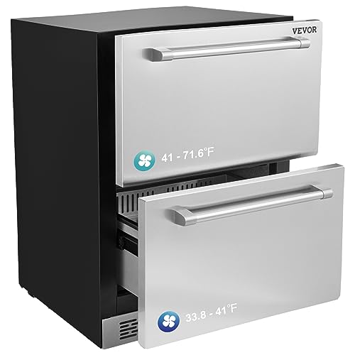 VEVOR BC-145WD 24" Undercounter Refrigerator, 2 Drawer Wine Refrigerator with Different Temperature, 4.87 Cu.ft. Capacity, Waterproof Indoor and Outdoor Under Counter Drawer Fridge for Home and Commercial Use
