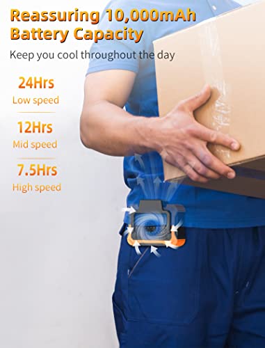 Koonie NF201 10000mAh Waist Clip Fan with Solar Panel, 30H Working Time, Personal LED Light, Battery Powered Belt Fan, Strong Airflow, 3 Speeds, Body for Outdoor, Working, Camping, Hiking