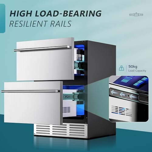 EUHOMY ‎RU-DD05 24 Inch Under Counter Double Drawer Fridge, Weather Proof Stainless Steel Outdoor Beverage Refrigerator for Patio, Built-in Beverage Fridge for Home & Commercial Use Stainless Steel Silver, 4.9 Cu Ft