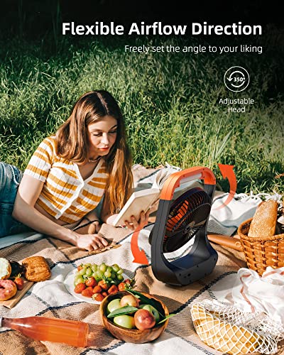 Koonie F681 8in 20000mAh Camping Fan with Timer, LED Lantern and Hook, 90hrs Rechargeable Battery USB Fan with 4 Speeds, 350°Head Rotation, Desk Table Fan for Bedroom, Outdoor, Tent, Travel, Picnic